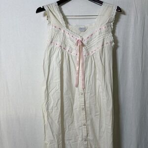 VTG Bows Intimate M White Cotton Button Front Nightgown Cottage Core Appliqué